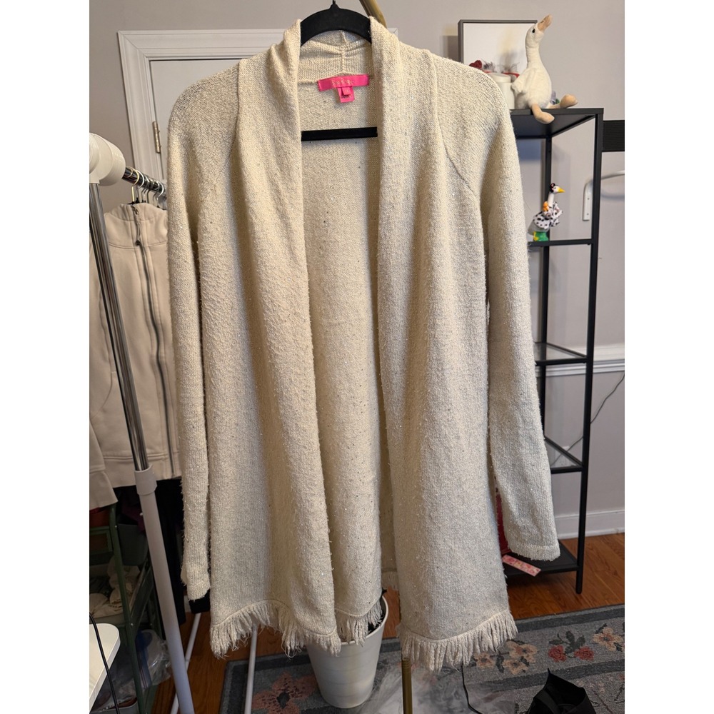 Lilly Pulitzer Sequin Fringe Open Front Cardigan Sweater Beige Oatmeal Medium - Picture 3 of 5